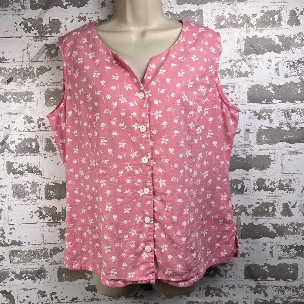 Vtg Monterey Bay Linen Cotton Top Sz 16 (XL) Pink White Floral Sleeveless Button